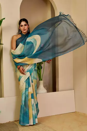 Sea green cotton blend geometric print saree with blouse