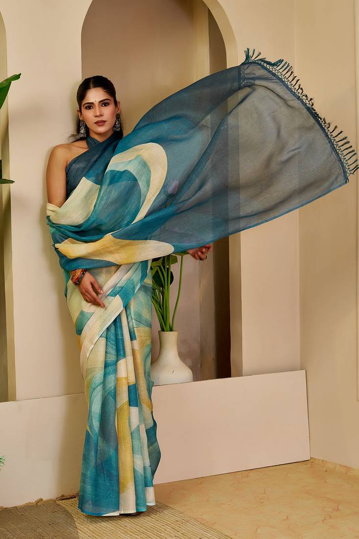 Sea green cotton blend geometric print saree with blouse