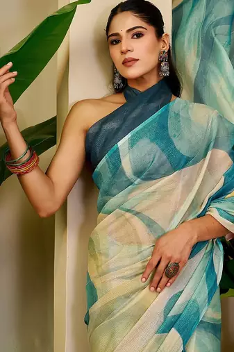 Sea green cotton blend geometric print saree with blouse