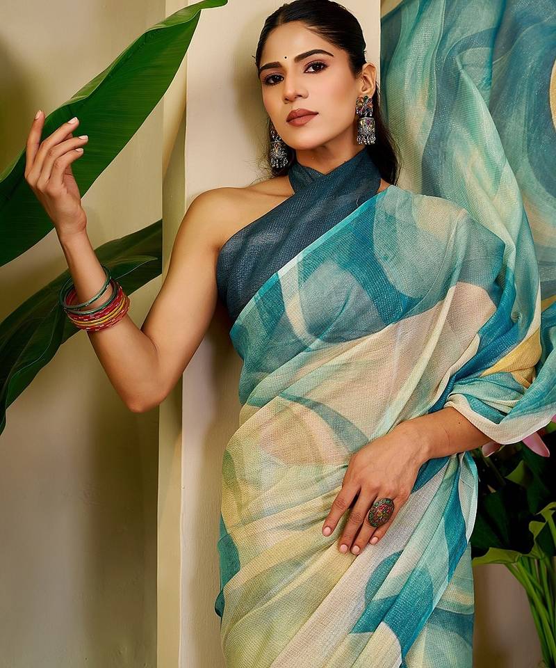 Sea green cotton blend geometric print saree with blouse