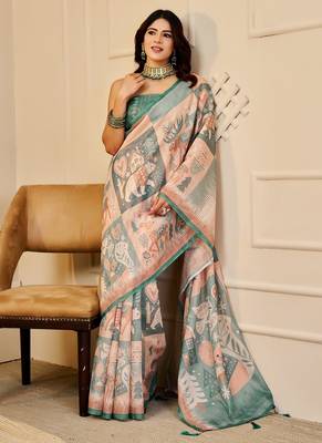 Peach cotton blend geometric print saree with blouse 1