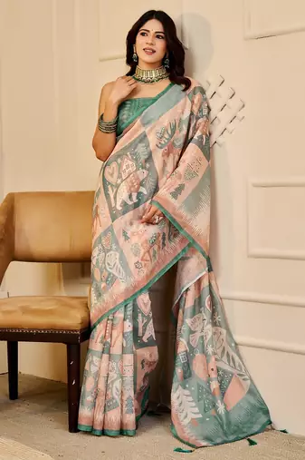 Peach cotton blend geometric print saree with blouse