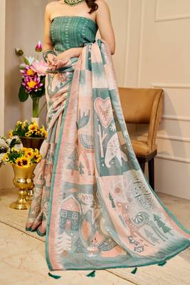Peach cotton blend geometric print saree with blouse 3