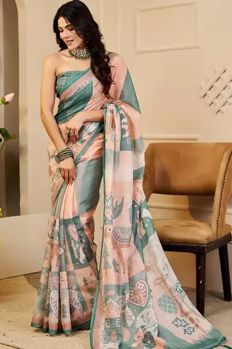 Peach cotton blend geometric print saree with blouse