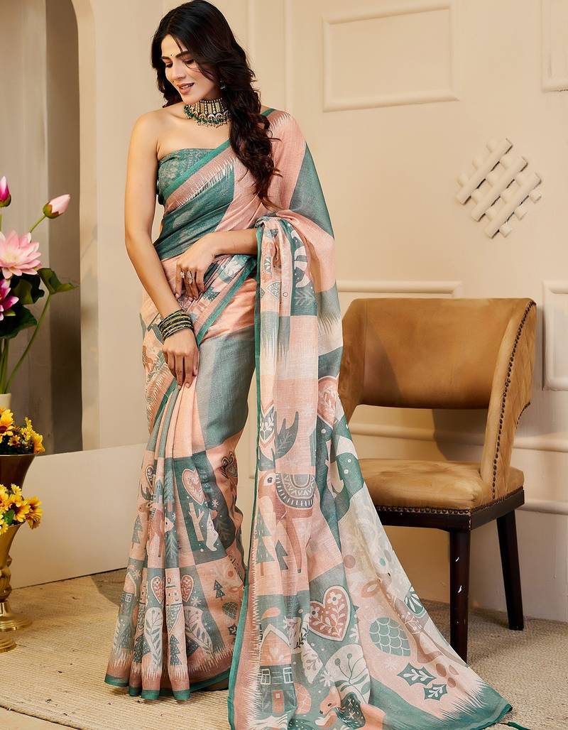 Peach cotton blend geometric print saree with blouse