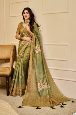 Green cotton blend floral print saree with blouse 1