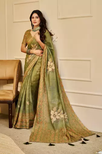 Green cotton blend floral print saree with blouse