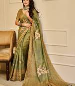 Green cotton blend floral print saree with blouse