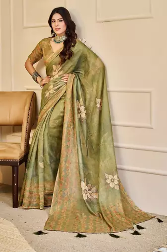 Green cotton blend floral print saree with blouse