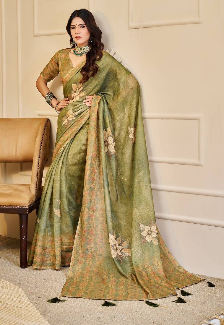 Green cotton blend floral print saree with blouse