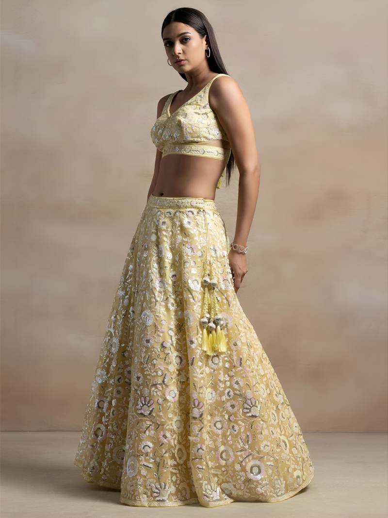 Yellow Color Beautiful Heavy Wedding Reception Bridesmaid Soft Net Lehenga