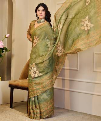 Green cotton blend floral print saree with blouse 3