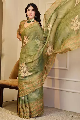 Green cotton blend floral print saree with blouse