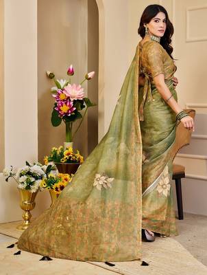 Green cotton blend floral print saree with blouse 4
