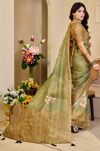 Green cotton blend floral print saree with blouse
