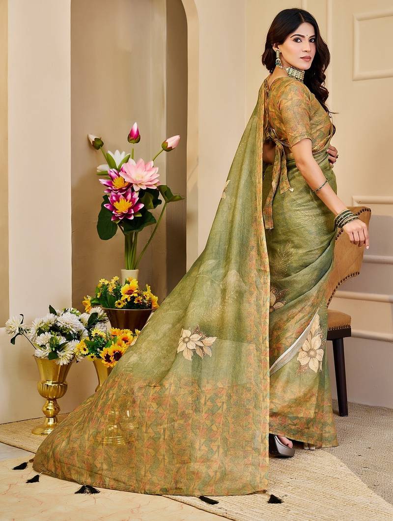 Green cotton blend floral print saree with blouse