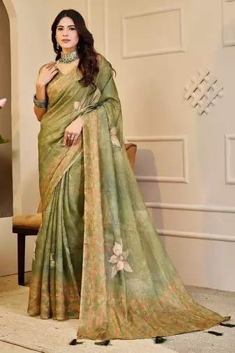 Green cotton blend floral print saree with blouse