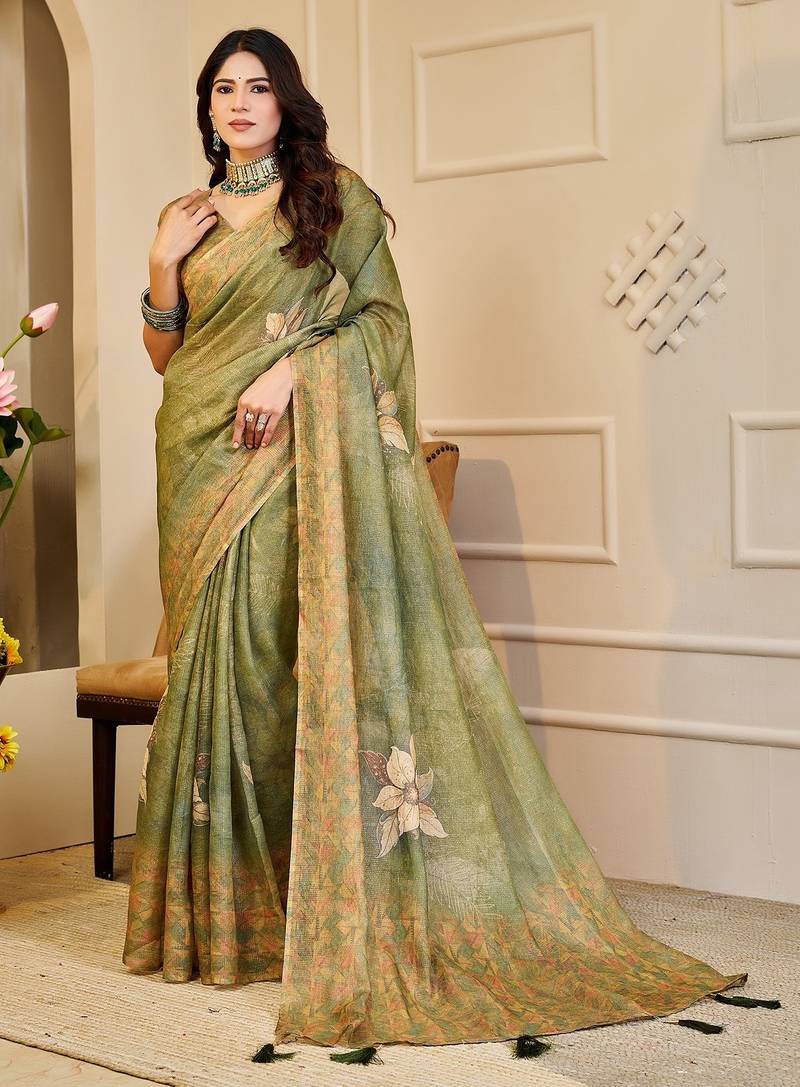 Green cotton blend floral print saree with blouse