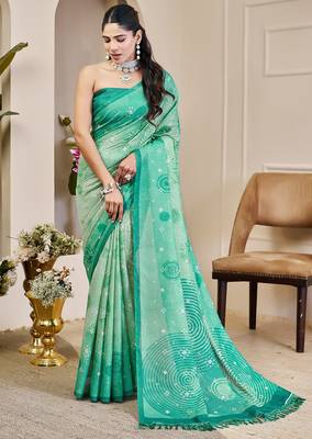 Sea green cotton blend geometric print saree with blouse 1