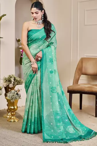 Sea green cotton blend geometric print saree with blouse