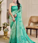 Sea green cotton blend geometric print saree with blouse