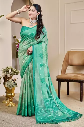 Sea green cotton blend geometric print saree with blouse