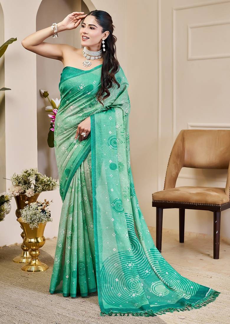 Sea green cotton blend geometric print saree with blouse