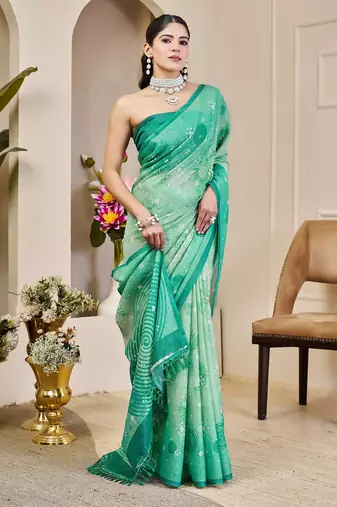 Sea green cotton blend geometric print saree with blouse