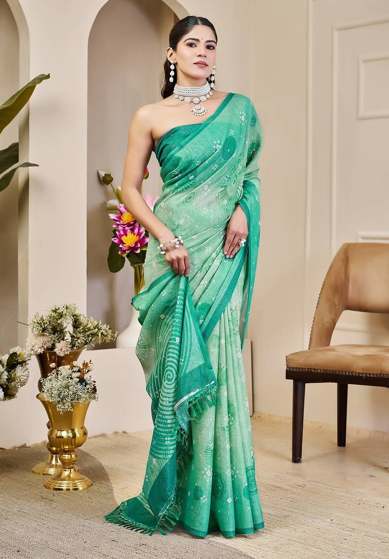 Sea green cotton blend geometric print saree with blouse