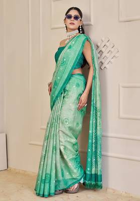 Sea green cotton blend geometric print saree with blouse 4