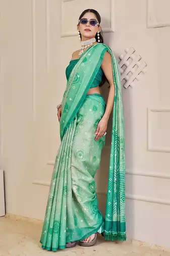 Sea green cotton blend geometric print saree with blouse