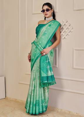 Sea green cotton blend geometric print saree with blouse 5