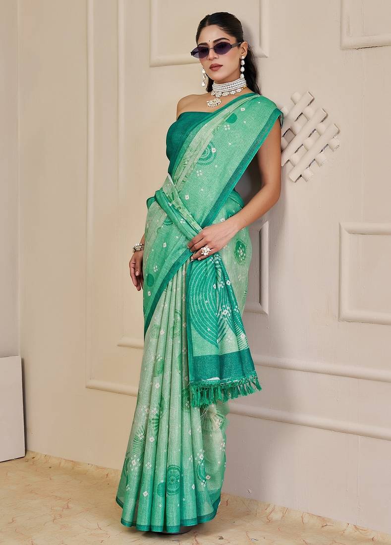 Sea green cotton blend geometric print saree with blouse
