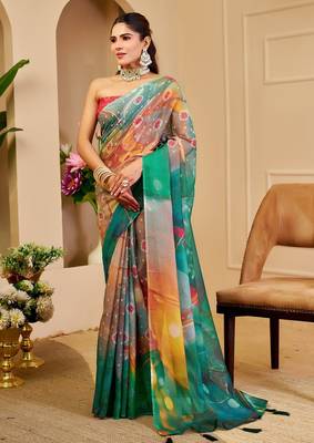 Red cotton blend geometric print saree with blouse 1