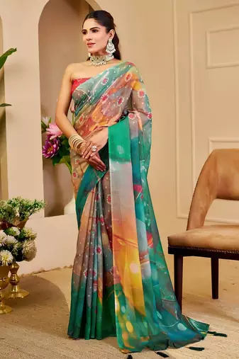 Red cotton blend geometric print saree with blouse