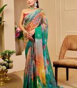 Red cotton blend geometric print saree with blouse