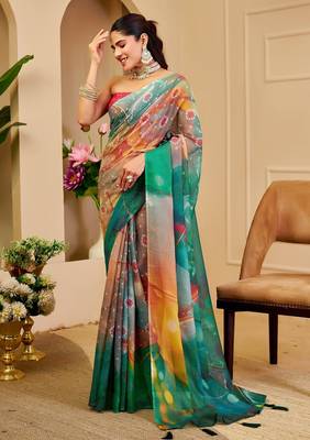 Red cotton blend geometric print saree with blouse 2