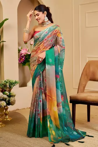 Red cotton blend geometric print saree with blouse