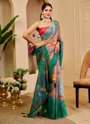 Red cotton blend geometric print saree with blouse 3