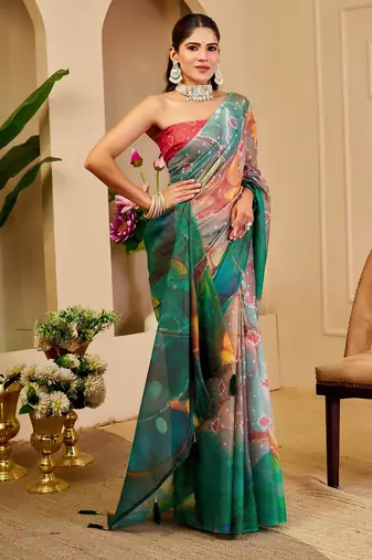 Red cotton blend geometric print saree with blouse