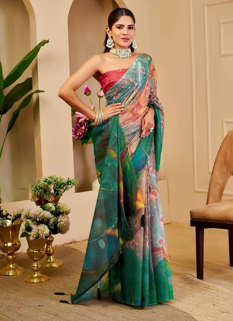 Red cotton blend geometric print saree with blouse