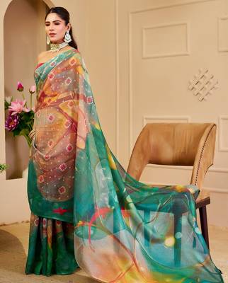 Red cotton blend geometric print saree with blouse 4