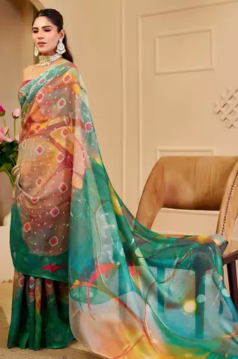Red cotton blend geometric print saree with blouse