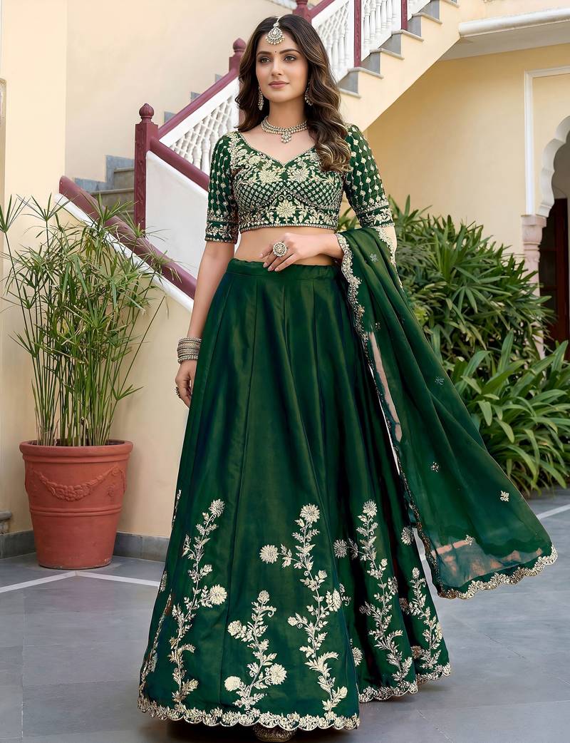 Green Color Smart Bridesmaid Rangoli Silk Lehenga Choli For Trendy Wedding Looks