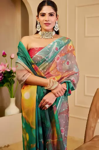 Red cotton blend geometric print saree with blouse