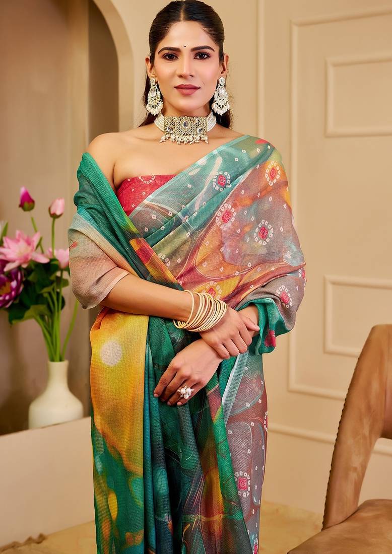 Red cotton blend geometric print saree with blouse