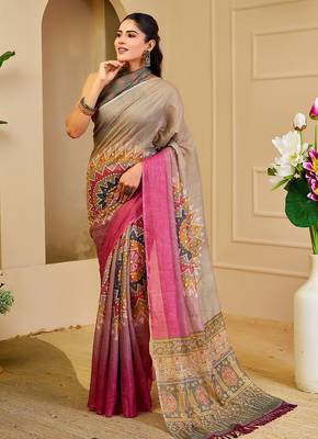 Grey cotton blend geometric print saree with blouse 1