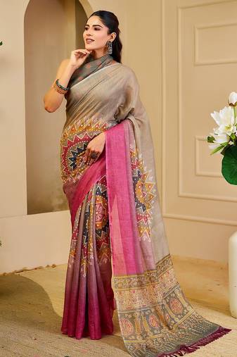 Grey cotton blend geometric print saree with blouse
