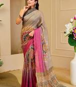 Grey cotton blend geometric print saree with blouse