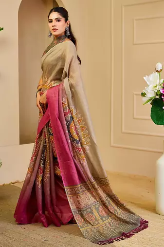 Grey cotton blend geometric print saree with blouse